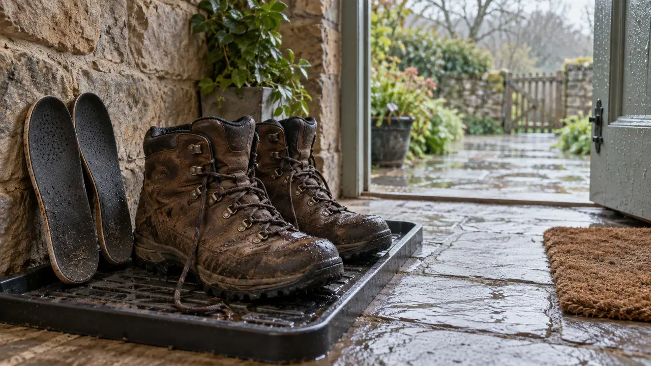 Illustration of wet leather walking boots and removable insoles airing in a stone porch